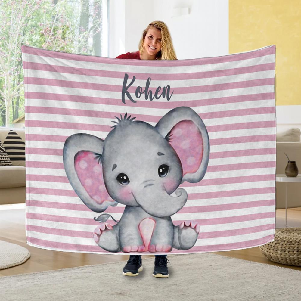 Personalized Name Fleece Blanket 21-Pink Elephant